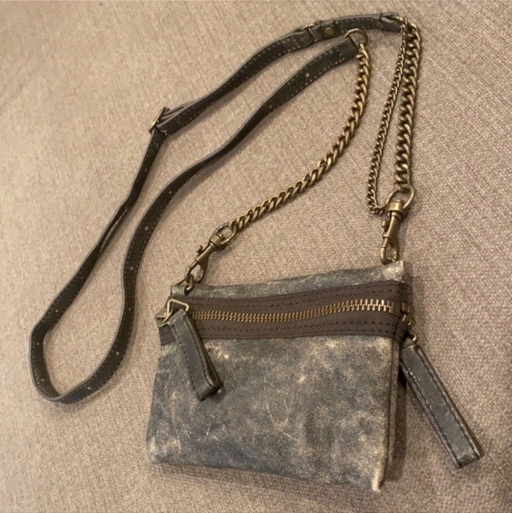 J. Crew Marlo Crossbody Distressed Leather 2 Sided Zipper Grey Mini Small EUC